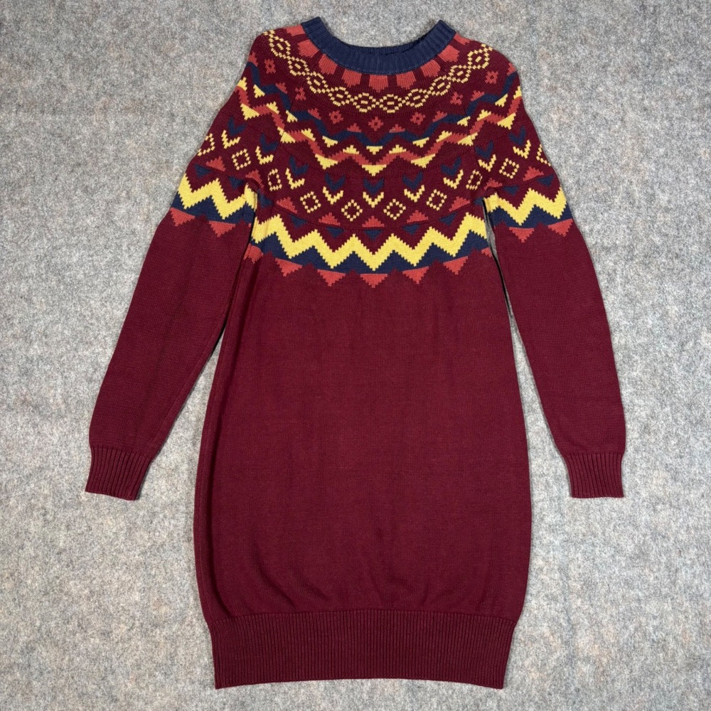 Modcloth Fair Isle Sweater Dress Womens M Burgundy Geometric Knit 100% Cotton
